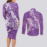 Purple Polynesia Hammerhead Shark Tattoo With Plumeria Lei Couples Matching Long Sleeve Bodycon Dress and Long Sleeve Button Shirt LT14 - Polynesian Pride