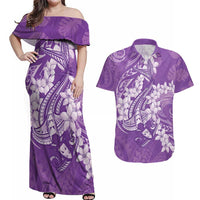 Purple Polynesia Hammerhead Shark Tattoo With Plumeria Lei Couples Matching Off Shoulder Maxi Dress and Hawaiian Shirt LT14 Purple - Polynesian Pride