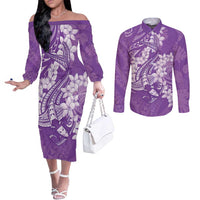 Purple Polynesia Hammerhead Shark Tattoo With Plumeria Lei Couples Matching Off The Shoulder Long Sleeve Dress and Long Sleeve Button Shirt LT14 Purple - Polynesian Pride