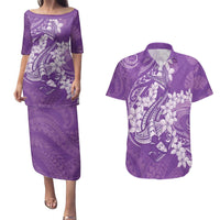 Purple Polynesia Hammerhead Shark Tattoo With Plumeria Lei Couples Matching Puletasi and Hawaiian Shirt LT14 Purple - Polynesian Pride