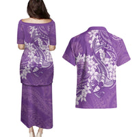 Purple Polynesia Hammerhead Shark Tattoo With Plumeria Lei Couples Matching Puletasi and Hawaiian Shirt LT14 - Polynesian Pride