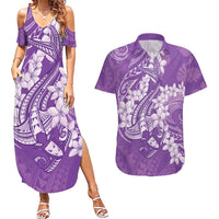 Purple Polynesia Hammerhead Shark Tattoo With Plumeria Lei Couples Matching Summer Maxi Dress and Hawaiian Shirt LT14 Purple - Polynesian Pride