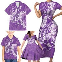 Purple Polynesia Hammerhead Shark Tattoo With Plumeria Lei Family Matching Short Sleeve Bodycon Dress and Hawaiian Shirt LT14 - Polynesian Pride