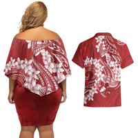 Red Polynesia Hammerhead Shark Tattoo With Plumeria Lei Couples Matching Off Shoulder Short Dress and Hawaiian Shirt LT14 - Polynesian Pride