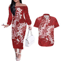 Red Polynesia Hammerhead Shark Tattoo With Plumeria Lei Couples Matching Off The Shoulder Long Sleeve Dress and Hawaiian Shirt LT14 Red - Polynesian Pride