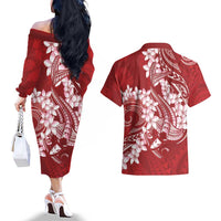 Red Polynesia Hammerhead Shark Tattoo With Plumeria Lei Couples Matching Off The Shoulder Long Sleeve Dress and Hawaiian Shirt LT14 - Polynesian Pride