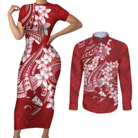 Red Polynesia Hammerhead Shark Tattoo With Plumeria Lei Couples Matching Short Sleeve Bodycon Dress and Long Sleeve Button Shirt LT14 Red - Polynesian Pride