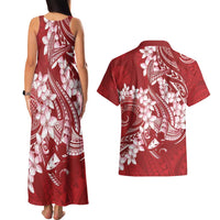 Red Polynesia Hammerhead Shark Tattoo With Plumeria Lei Couples Matching Tank Maxi Dress and Hawaiian Shirt LT14 - Polynesian Pride