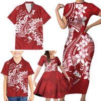 Red Polynesia Hammerhead Shark Tattoo With Plumeria Lei Family Matching Short Sleeve Bodycon Dress and Hawaiian Shirt LT14 - Polynesian Pride