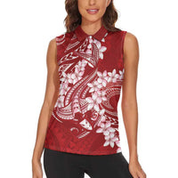 Red Polynesia Hammerhead Shark Tattoo With Plumeria Lei Women Sleeveless Polo Shirt LT14 - Polynesian Pride