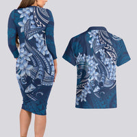 Navy Blue Polynesia Hammerhead Shark Tattoo With Plumeria Lei Couples Matching Long Sleeve Bodycon Dress and Hawaiian Shirt LT14 - Polynesian Pride