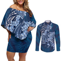 Navy Blue Polynesia Hammerhead Shark Tattoo With Plumeria Lei Couples Matching Off Shoulder Short Dress and Long Sleeve Button Shirt