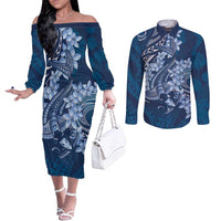 Navy Blue Polynesia Hammerhead Shark Tattoo With Plumeria Lei Couples Matching Off The Shoulder Long Sleeve Dress and Long Sleeve Button Shirt LT14 Navy Blue - Polynesian Pride