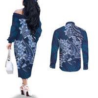 Navy Blue Polynesia Hammerhead Shark Tattoo With Plumeria Lei Couples Matching Off The Shoulder Long Sleeve Dress and Long Sleeve Button Shirt LT14 - Polynesian Pride