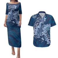 Navy Blue Polynesia Hammerhead Shark Tattoo With Plumeria Lei Couples Matching Puletasi and Hawaiian Shirt