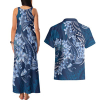 Navy Blue Polynesia Hammerhead Shark Tattoo With Plumeria Lei Couples Matching Tank Maxi Dress and Hawaiian Shirt LT14 - Polynesian Pride