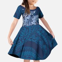 Navy Blue Polynesia Hammerhead Shark Tattoo With Plumeria Lei Family Matching Off The Shoulder Long Sleeve Dress and Hawaiian Shirt LT14 Daughter's Dress Navy Blue - Polynesian Pride
