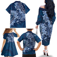 Navy Blue Polynesia Hammerhead Shark Tattoo With Plumeria Lei Family Matching Off The Shoulder Long Sleeve Dress and Hawaiian Shirt LT14 - Polynesian Pride