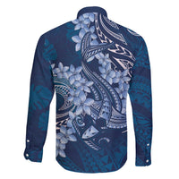 Navy Blue Polynesia Hammerhead Shark Tattoo With Plumeria Lei Family Matching Off The Shoulder Long Sleeve Dress and Hawaiian Shirt LT14 - Polynesian Pride