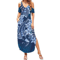 Navy Blue Polynesia Hammerhead Shark Tattoo With Plumeria Lei Family Matching Summer Maxi Dress and Hawaiian Shirt LT14 Mom's Dress Navy Blue - Polynesian Pride