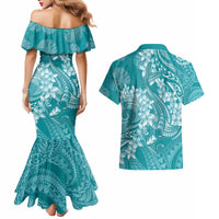 Teal Polynesia Hammerhead Shark Tattoo With Plumeria Lei Couples Matching Mermaid Dress and Hawaiian Shirt LT14 - Polynesian Pride
