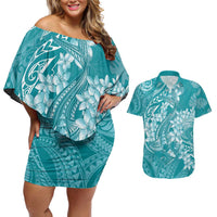 Teal Polynesia Hammerhead Shark Tattoo With Plumeria Lei Couples Matching Off Shoulder Short Dress and Hawaiian Shirt LT14 Teal - Polynesian Pride