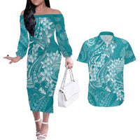 Teal Polynesia Hammerhead Shark Tattoo With Plumeria Lei Couples Matching Off The Shoulder Long Sleeve Dress and Hawaiian Shirt LT14 Teal - Polynesian Pride