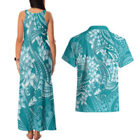 Teal Polynesia Hammerhead Shark Tattoo With Plumeria Lei Couples Matching Tank Maxi Dress and Hawaiian Shirt LT14 - Polynesian Pride