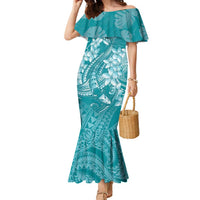 Teal Polynesia Hammerhead Shark Tattoo With Plumeria Lei Family Matching Mermaid Dress and Hawaiian Shirt LT14 Mom's Dress Teal - Polynesian Pride
