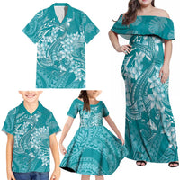 Teal Polynesia Hammerhead Shark Tattoo With Plumeria Lei Family Matching Off Shoulder Maxi Dress and Hawaiian Shirt LT14 - Polynesian Pride