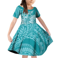 Teal Polynesia Hammerhead Shark Tattoo With Plumeria Lei Family Matching Off Shoulder Short Dress and Hawaiian Shirt LT14 Daughter's Dress Teal - Polynesian Pride