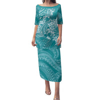 Teal Polynesia Hammerhead Shark Tattoo With Plumeria Lei Family Matching Puletasi and Hawaiian Shirt LT14 Mom's Dress Teal - Polynesian Pride