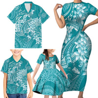 Teal Polynesia Hammerhead Shark Tattoo With Plumeria Lei Family Matching Short Sleeve Bodycon Dress and Hawaiian Shirt LT14 - Polynesian Pride
