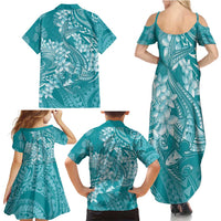 Teal Polynesia Hammerhead Shark Tattoo With Plumeria Lei Family Matching Summer Maxi Dress and Hawaiian Shirt LT14 - Polynesian Pride