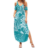 Teal Polynesia Hammerhead Shark Tattoo With Plumeria Lei Family Matching Summer Maxi Dress and Hawaiian Shirt LT14 Mom's Dress Teal - Polynesian Pride