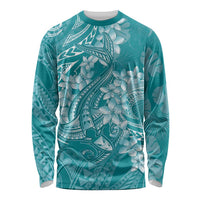 Teal Polynesia Hammerhead Shark Tattoo With Plumeria Lei Long Sleeve Shirt