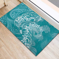 Teal Polynesia Hammerhead Shark Tattoo With Plumeria Lei Rubber Doormat