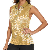 Yellow Polynesia Hammerhead Shark Tattoo With Plumeria Lei Women Sleeveless Polo Shirt