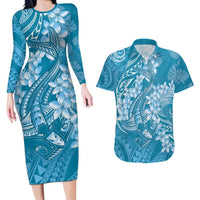 Blue Polynesia Hammerhead Shark Tattoo With Plumeria Lei Couples Matching Long Sleeve Bodycon Dress and Hawaiian Shirt LT14 Blue - Polynesian Pride