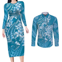 Blue Polynesia Hammerhead Shark Tattoo With Plumeria Lei Couples Matching Long Sleeve Bodycon Dress and Long Sleeve Button Shirt LT14 Blue - Polynesian Pride