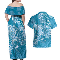 Blue Polynesia Hammerhead Shark Tattoo With Plumeria Lei Couples Matching Off Shoulder Maxi Dress and Hawaiian Shirt LT14 - Polynesian Pride