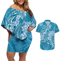 Blue Polynesia Hammerhead Shark Tattoo With Plumeria Lei Couples Matching Off Shoulder Short Dress and Hawaiian Shirt LT14 Blue - Polynesian Pride