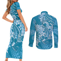 Blue Polynesia Hammerhead Shark Tattoo With Plumeria Lei Couples Matching Short Sleeve Bodycon Dress and Long Sleeve Button Shirt LT14 - Polynesian Pride