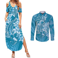 Blue Polynesia Hammerhead Shark Tattoo With Plumeria Lei Couples Matching Summer Maxi Dress and Long Sleeve Button Shirt