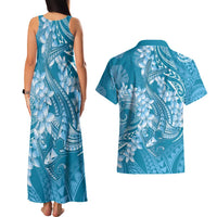 Blue Polynesia Hammerhead Shark Tattoo With Plumeria Lei Couples Matching Tank Maxi Dress and Hawaiian Shirt LT14 - Polynesian Pride