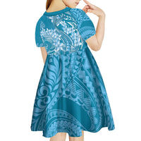 Blue Polynesia Hammerhead Shark Tattoo With Plumeria Lei Kid Short Sleeve Dress