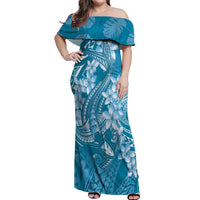 Blue Polynesia Hammerhead Shark Tattoo With Plumeria Lei Off Shoulder Maxi Dress