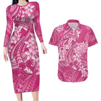 Pink Polynesia Hammerhead Shark Tattoo With Plumeria Lei Couples Matching Long Sleeve Bodycon Dress and Hawaiian Shirt LT14 Pink - Polynesian Pride