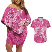 Pink Polynesia Hammerhead Shark Tattoo With Plumeria Lei Couples Matching Off Shoulder Short Dress and Hawaiian Shirt LT14 Pink - Polynesian Pride