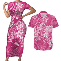 Pink Polynesia Hammerhead Shark Tattoo With Plumeria Lei Couples Matching Short Sleeve Bodycon Dress and Hawaiian Shirt LT14 Pink - Polynesian Pride